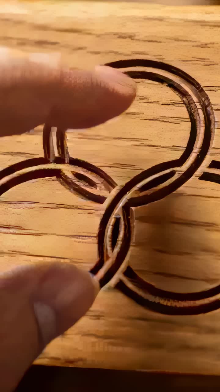Vertical video: Probing fingertip touching three-ring grooves at bench, inspecting burned edges