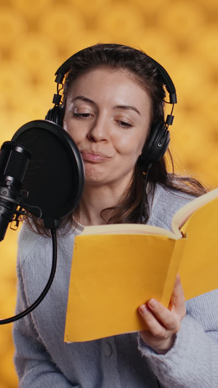 Donna che registra un audiolibro o un podcast in studio
