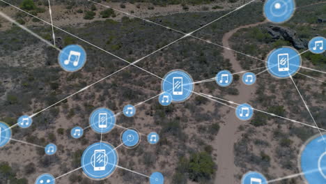 animation of network of connections with icons over beach view