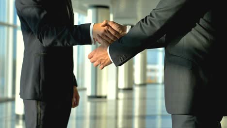 the two business people handshake in the office hall. slow motion