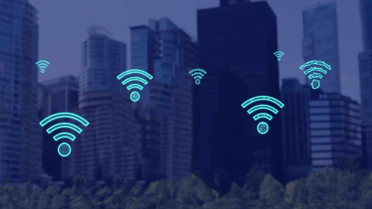 animación de iconos wifi digitales que vuelan sobre el paisaje urbano