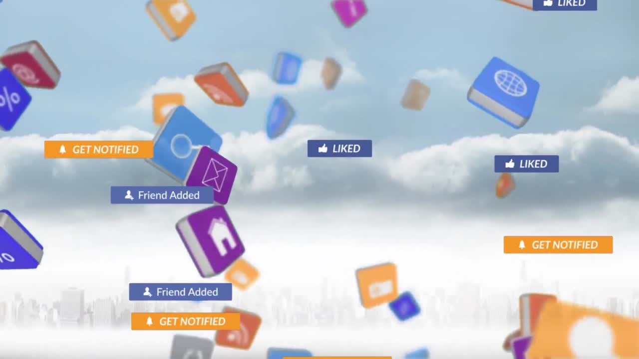 구름진 아이콘 위에 떨어지는 소셜 미디어 아이콘의 애니메이션