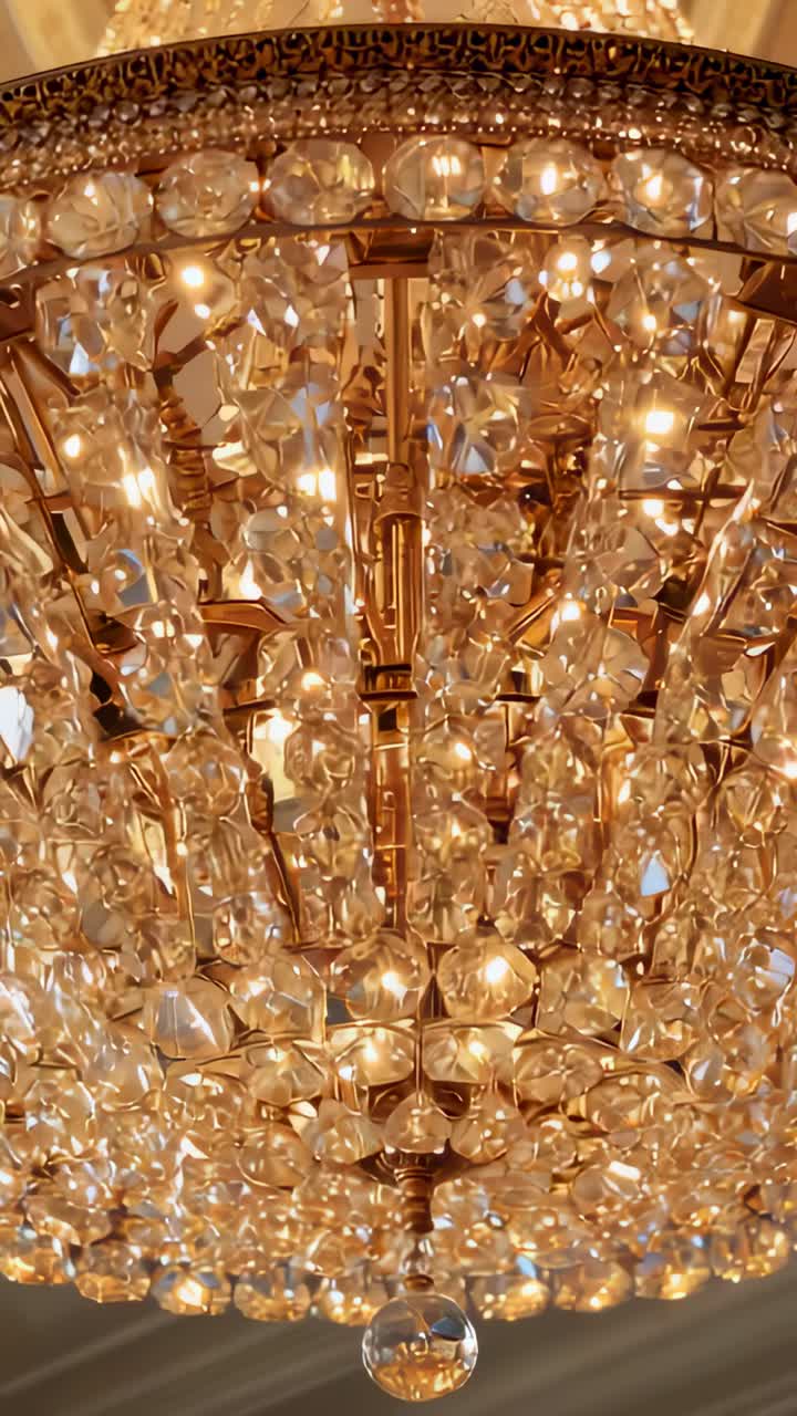 Vertical video: Tilting camera revealing crystal chandelier in hall, highlighting bulbs and pendant