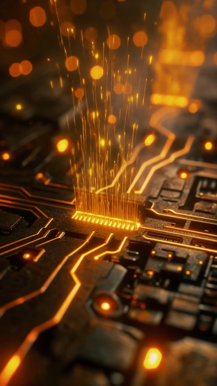 Glowing Data Processing on a Futuristic Computer Circuit Board