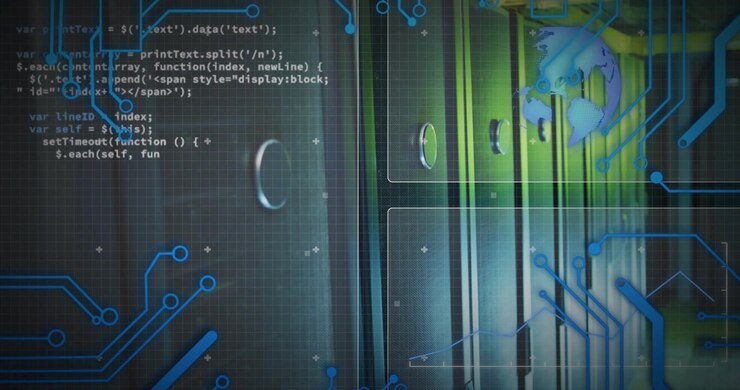 Vertical video: On playback, servers glowing green, overlays revealing code, globe mapping network