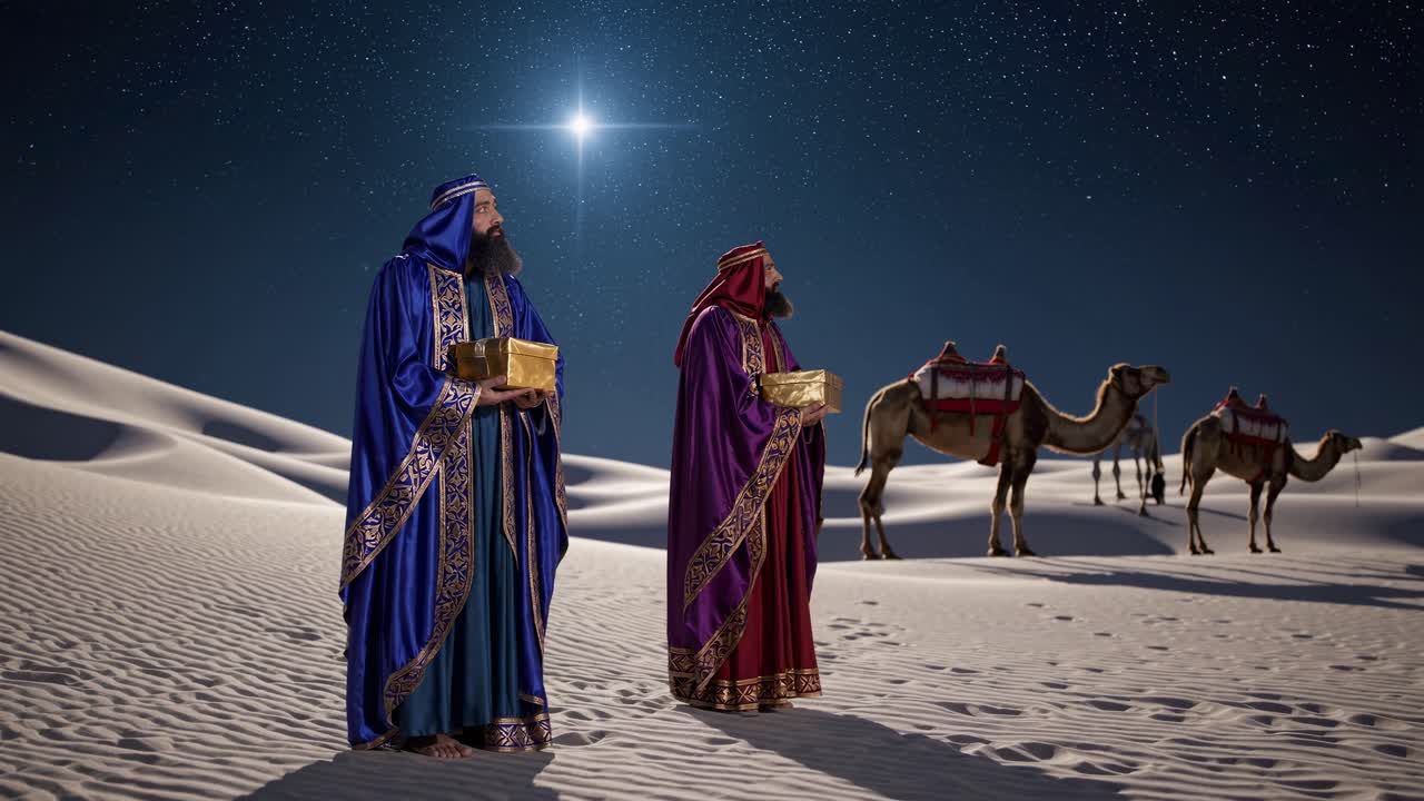 Una scena video cinematografica di due figure in veste sotto un cielo stellato, che tengono dei regali