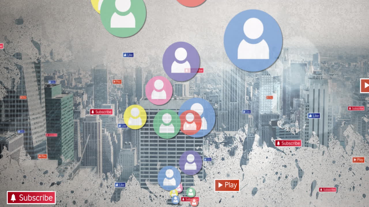 도시 풍경 위에 떨어지는 소셜 미디어 아이콘과 이모티콘의 애니메이션