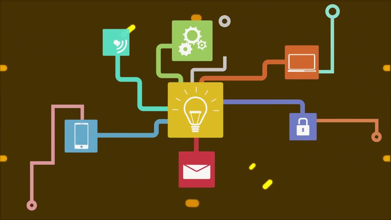 Animation of media icons over cityscape