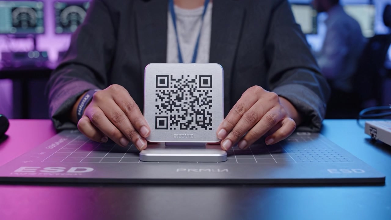 A professional demonstrating a high-tech QR code device on an ESD mat in a modern workspace, showcasing the intersection of technology and usability in the digital age.