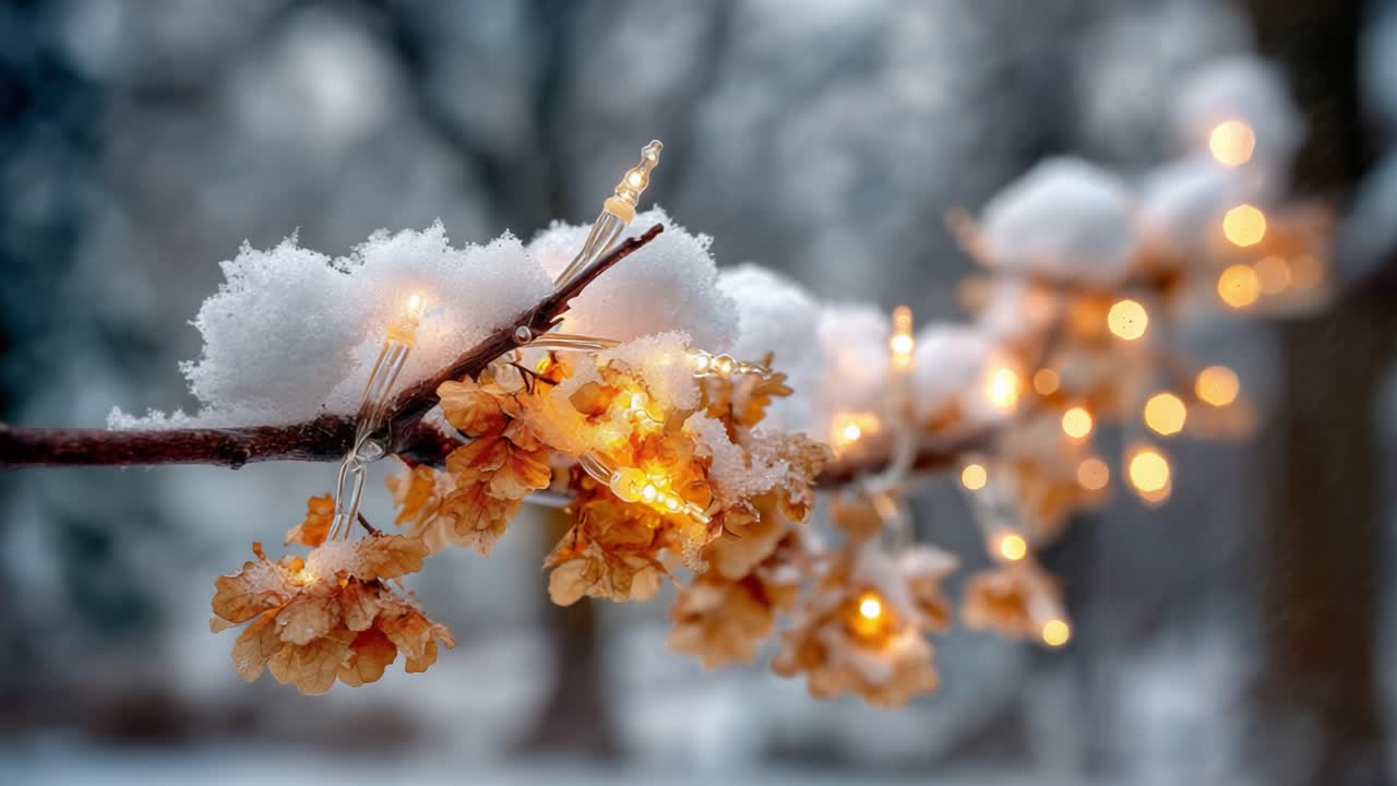 A Winter Wonderland: Twinkling Lights and Snow-Covered Blossoms Create a Magical Atmosphere in a Serene Winter Landscape