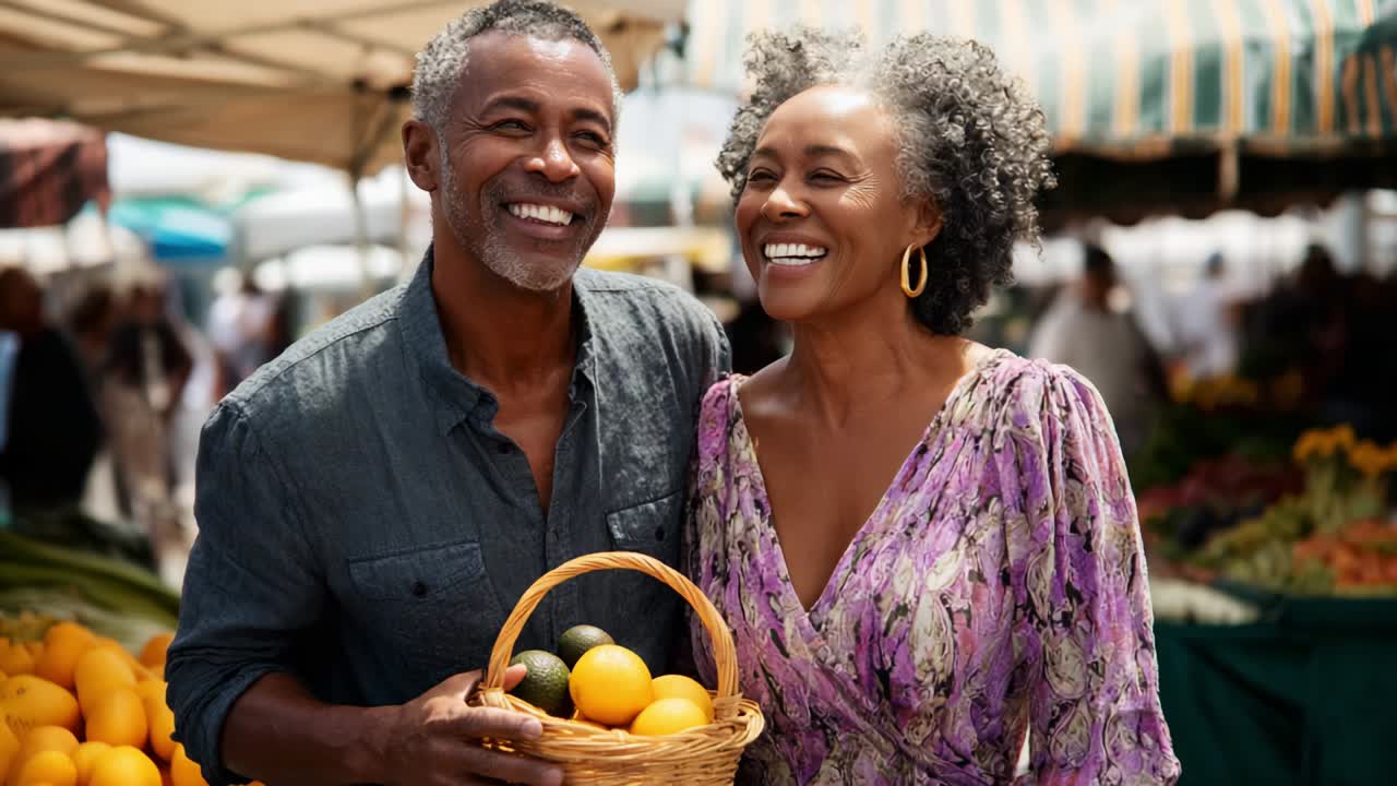 Una coppia felice si gode la giornata in un vivace mercato contadino, con in mano un cesto di frutta fresca e intenta in una piacevole conversazione sotto una colorata tettoia circondata da prodotti freschi.