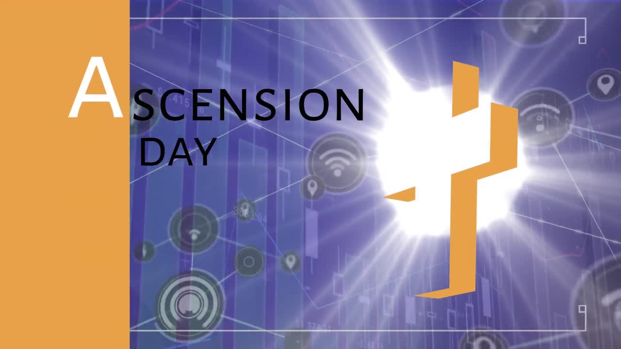 animación del procesamiento de datos y el texto del día de ascensión a través de la red de conexiones