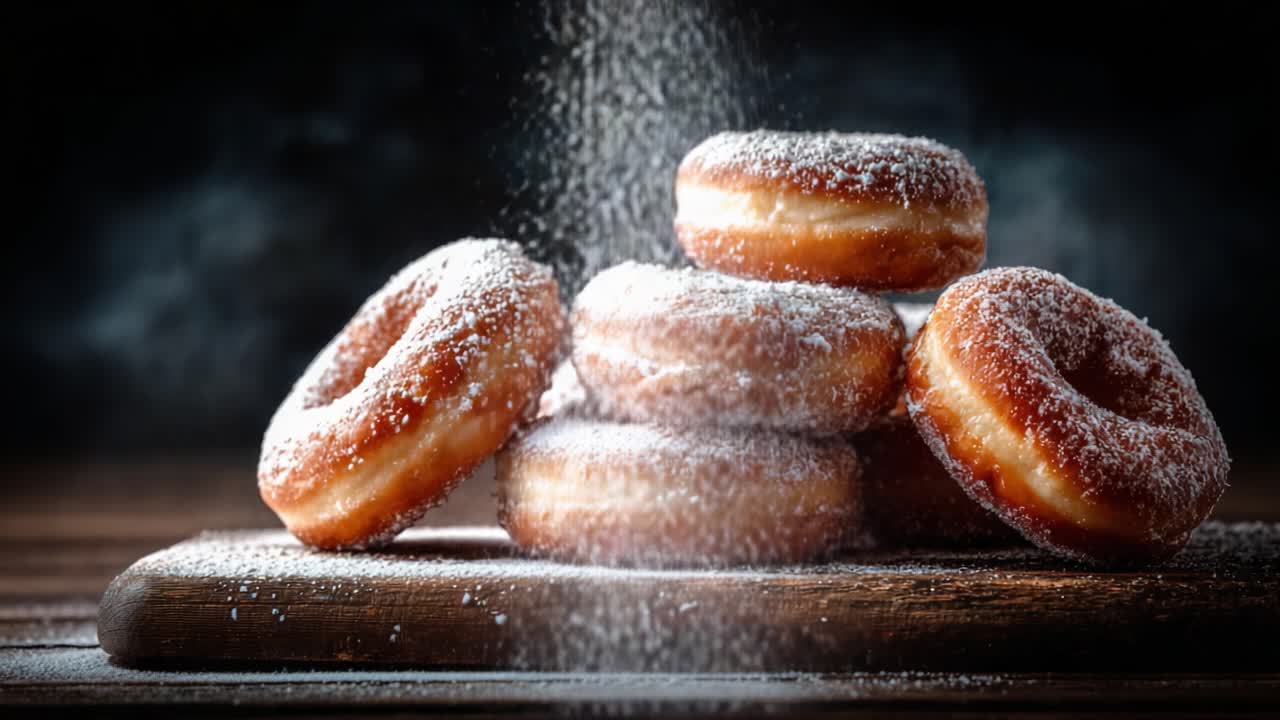 Pudra Şekeri Serpilmiş Taze Donutların Ağız Sulandıran Sunumu: Rustik Ahşap Bir Tahta Üzerinde Yumuşaklık ve Tatlılığın Mükemmel Uyumu