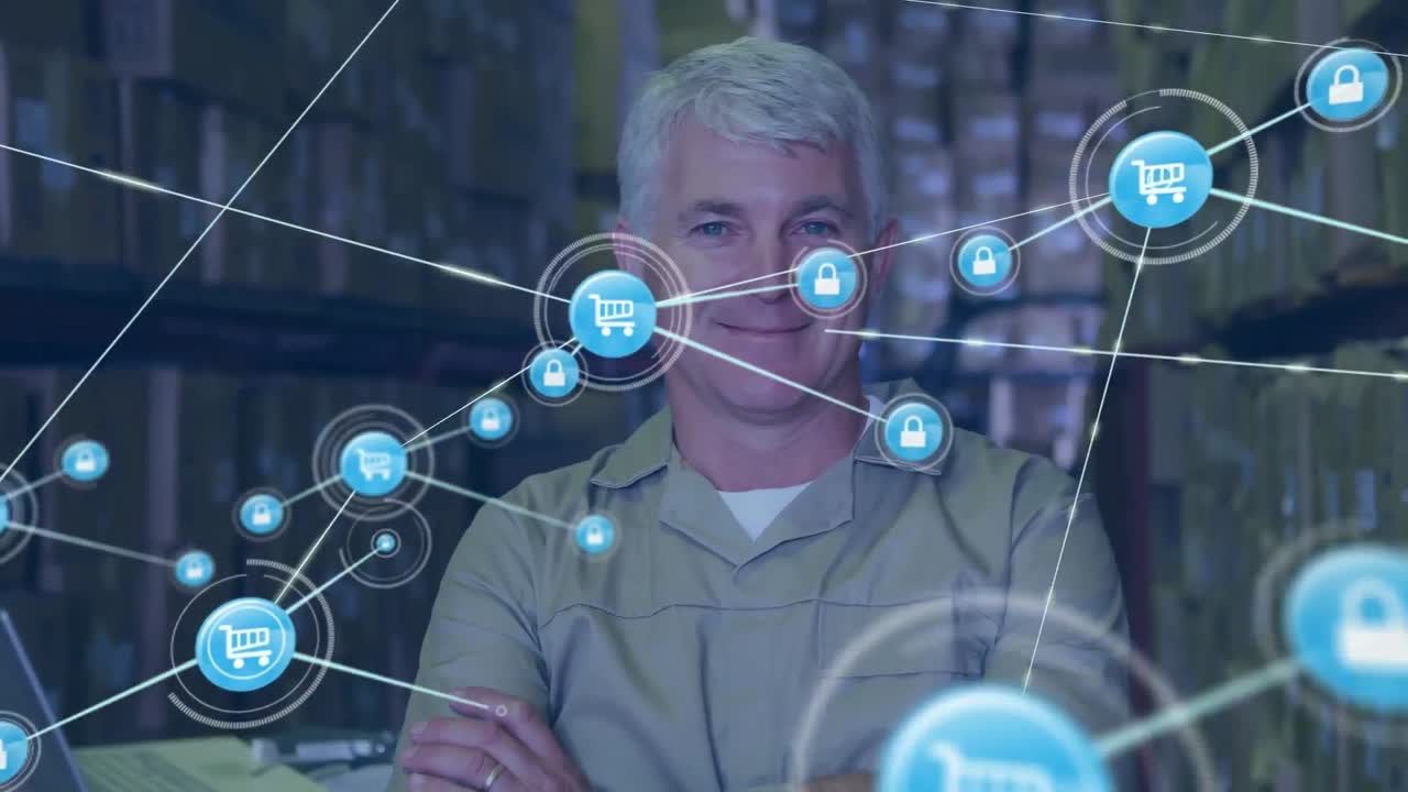 animación de la red de conexiones con iconos sobre el hombre caucásico que trabaja en el almacén