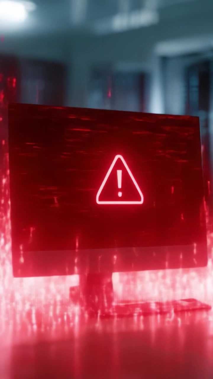 A striking visual of a computer screen displaying a warning sign in vibrant red, surrounded by a cascade of digital effects, highlighting a moment of alert in a technological environment.