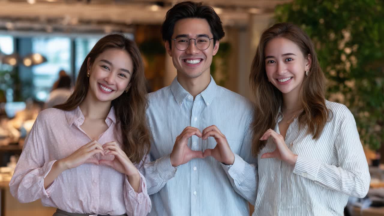 Three Friends Sharing Joyful Moments and Expressing Affection Through Heart Shapes While Smiling in a Cozy and Bright Café Environment