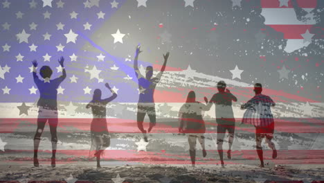 animation of flag of usa over happy diverse friends on beach in summer