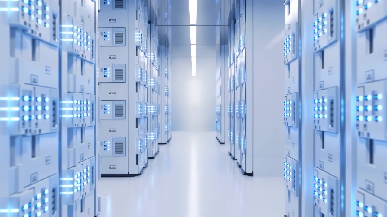 Symmetrical aisle inside a clean data center, with white server cabinets on both sides, blue indicator lights, glossy reflective flooring, and bright overhead
