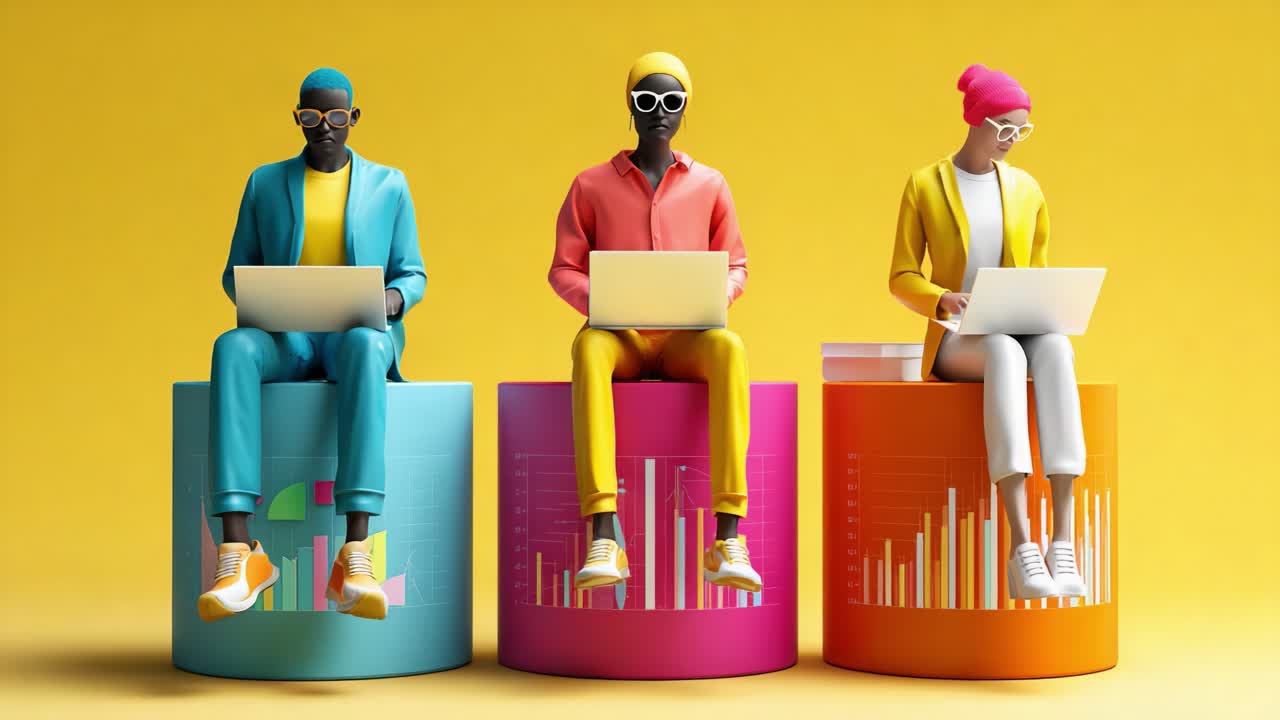 Three Stylish Individuals Engaged in Creative Work on Laptops, Set Against a Vibrant Yellow Background, Showcasing Modern Fashion and Technology Interplay in a Unique Digital Environment