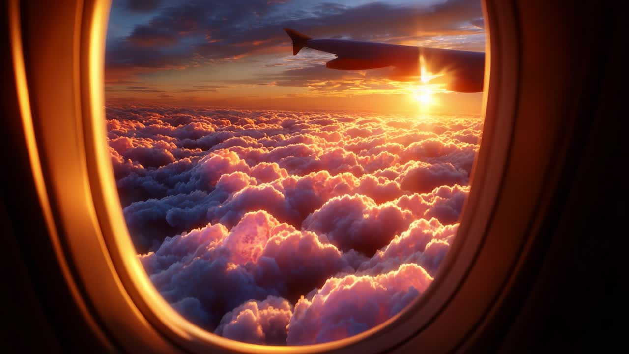 Vista mozzafiato del tramonto dal finestrino di un aereo: ammira la bellezza delle maestose formazioni nuvolose mentre il sole scompare sotto l'orizzonte, dipingendo il cielo con vivaci sfumature di arancione e rosa