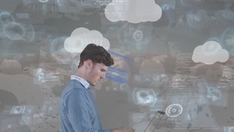 animación de un hombre de negocios caucásico sobre iconos de nube y procesamiento de datos