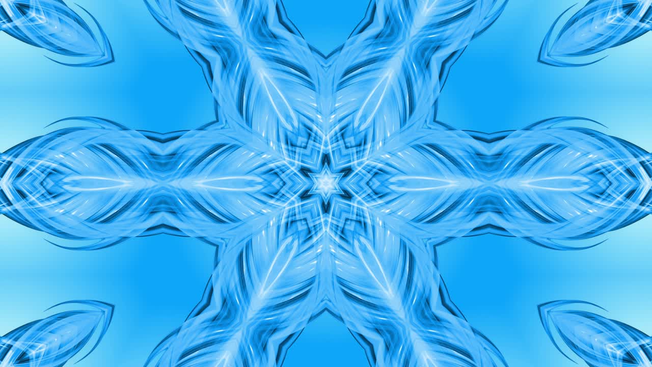 animación en bucle 3d, un fondo abstracto con cintas azules girando y formando estrellas o copos de nieve como con un efecto caleidoscópico. imágenes sin costuras de 4k con luma matte como canal alfa. 14