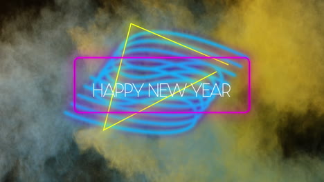 animation of happy new year neon text over shapes and smoke trails