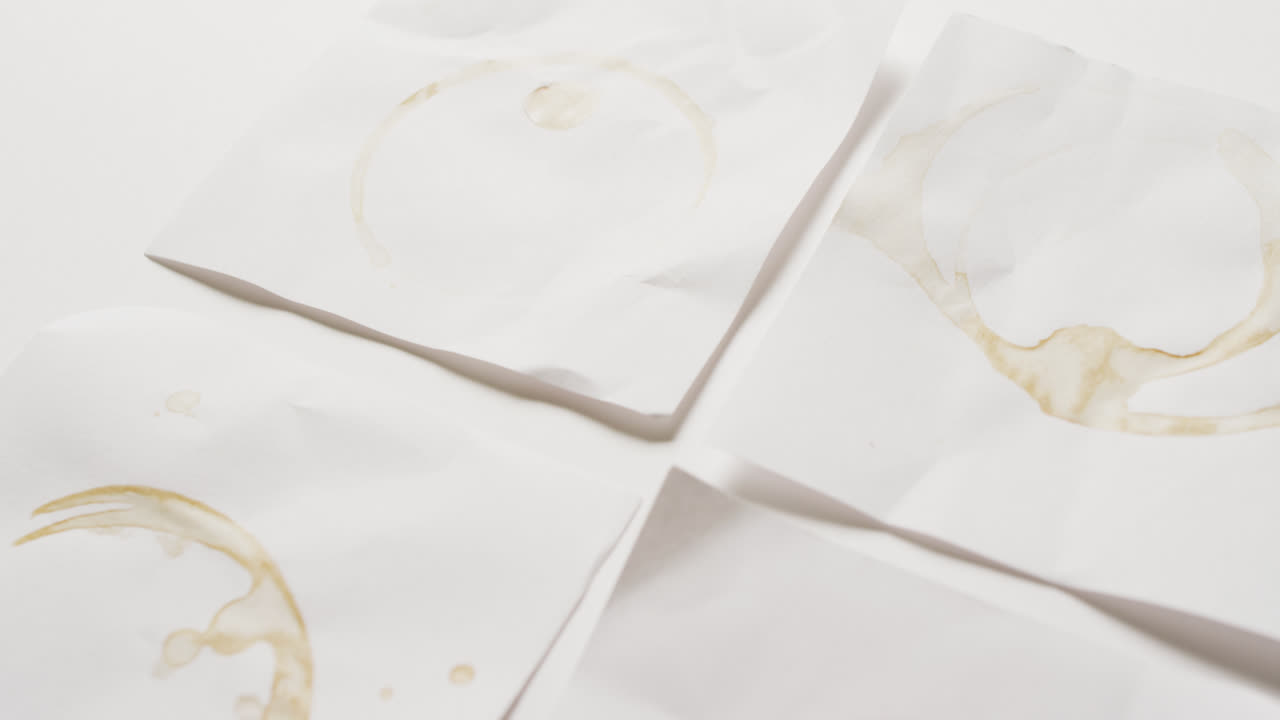 색 배경에 커피 컵 얼룩이 있는 4개의 종이 조각의 클로즈업 비디오