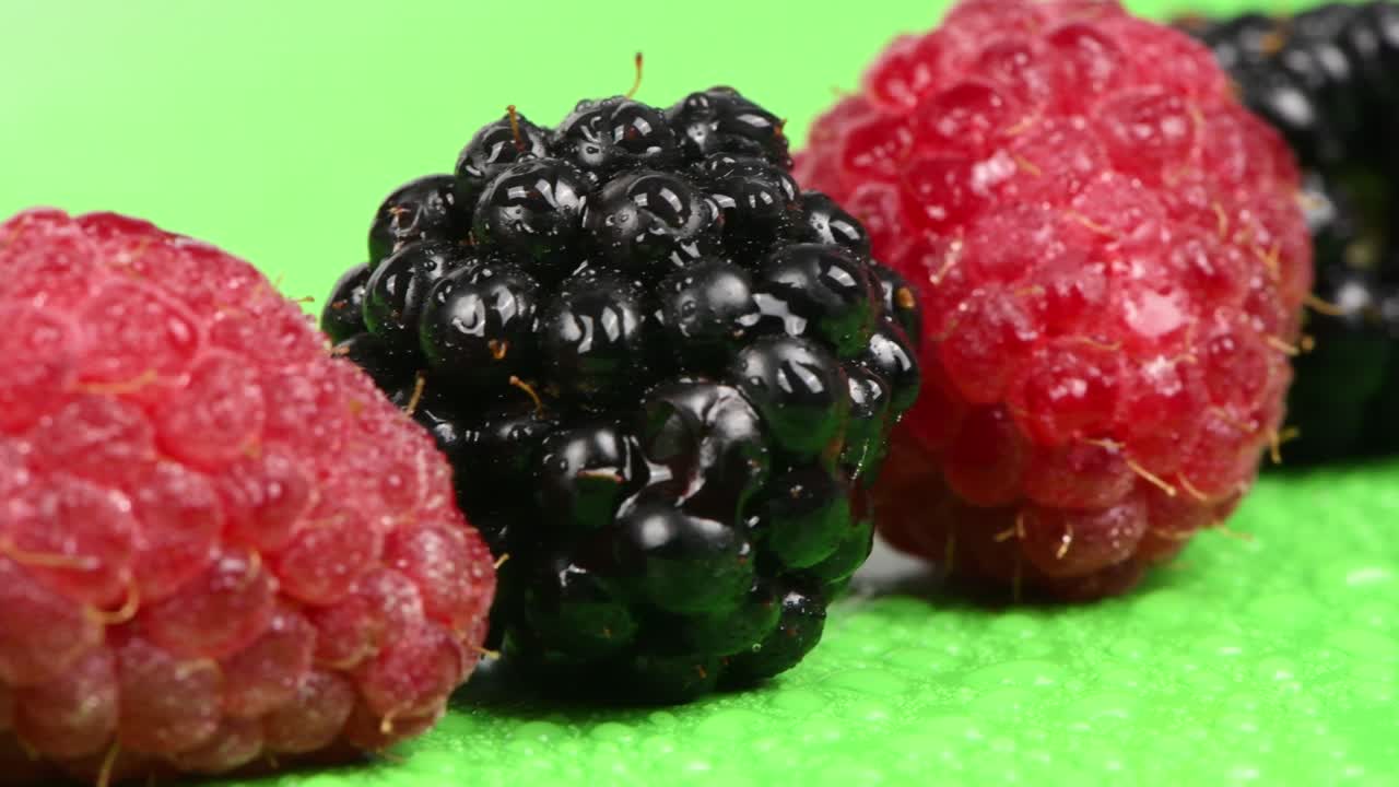 라즈베리는 블랙베리와 번갈아가며, 라즈베리와 블랙베리는 물방울에서, 오른쪽에서 왼쪽으로의 움직임, 으로 보기, 루프 모션, 회전 360.