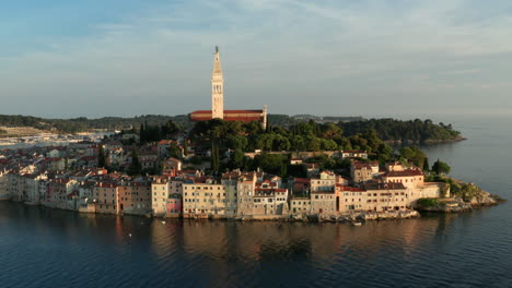 beautiful medieval town of rovinj in western coast of istrian peninsula, croatia - travel destination - aerial shot