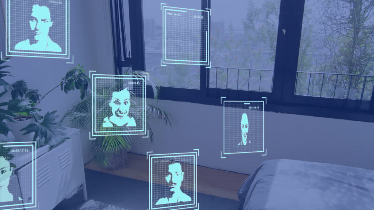Facial recognition animation over bedroom with large windows and indoor plant