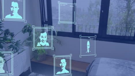 facial recognition animation over bedroom with large windows and indoor plant