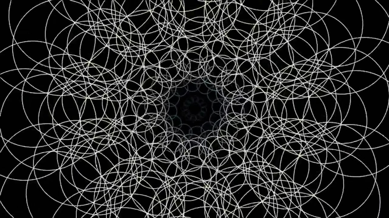 Animazione geometrica astratta di cerchi bianchi rotanti su sfondo nero.
