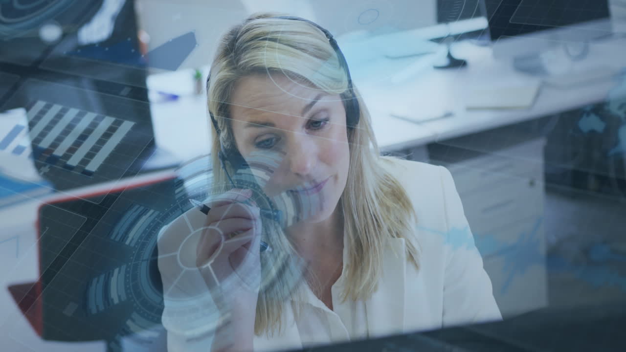 Animazione di elaborazione dati su una responsabile del servizio clienti caucasica che parla al telefono con auricolare