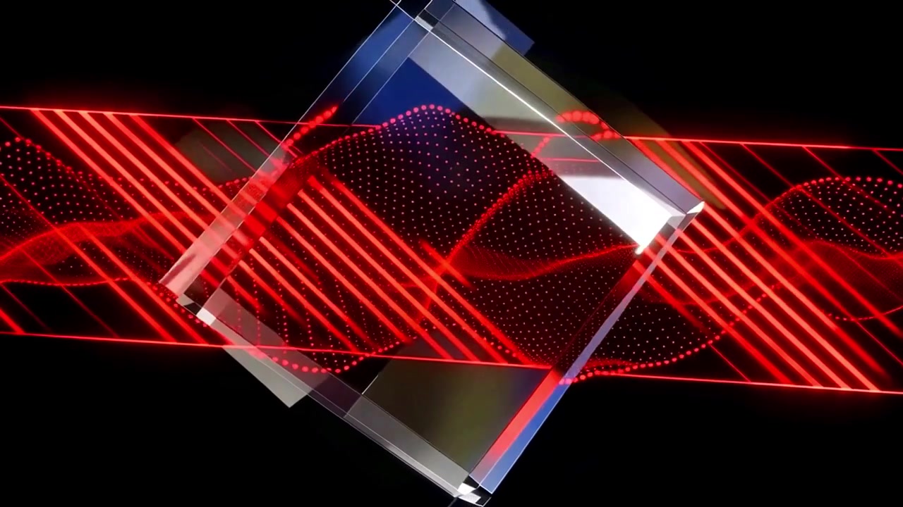 Abstrakte geometrische Würfel mit roten Neonlinien und digitaler Welle.
