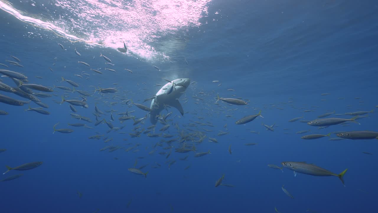 BeautifulSlow motion shot of a great white shark,Carcharodon carcharias trying to catch a tuna bait in clear water of Guadalupe Island, Mexico