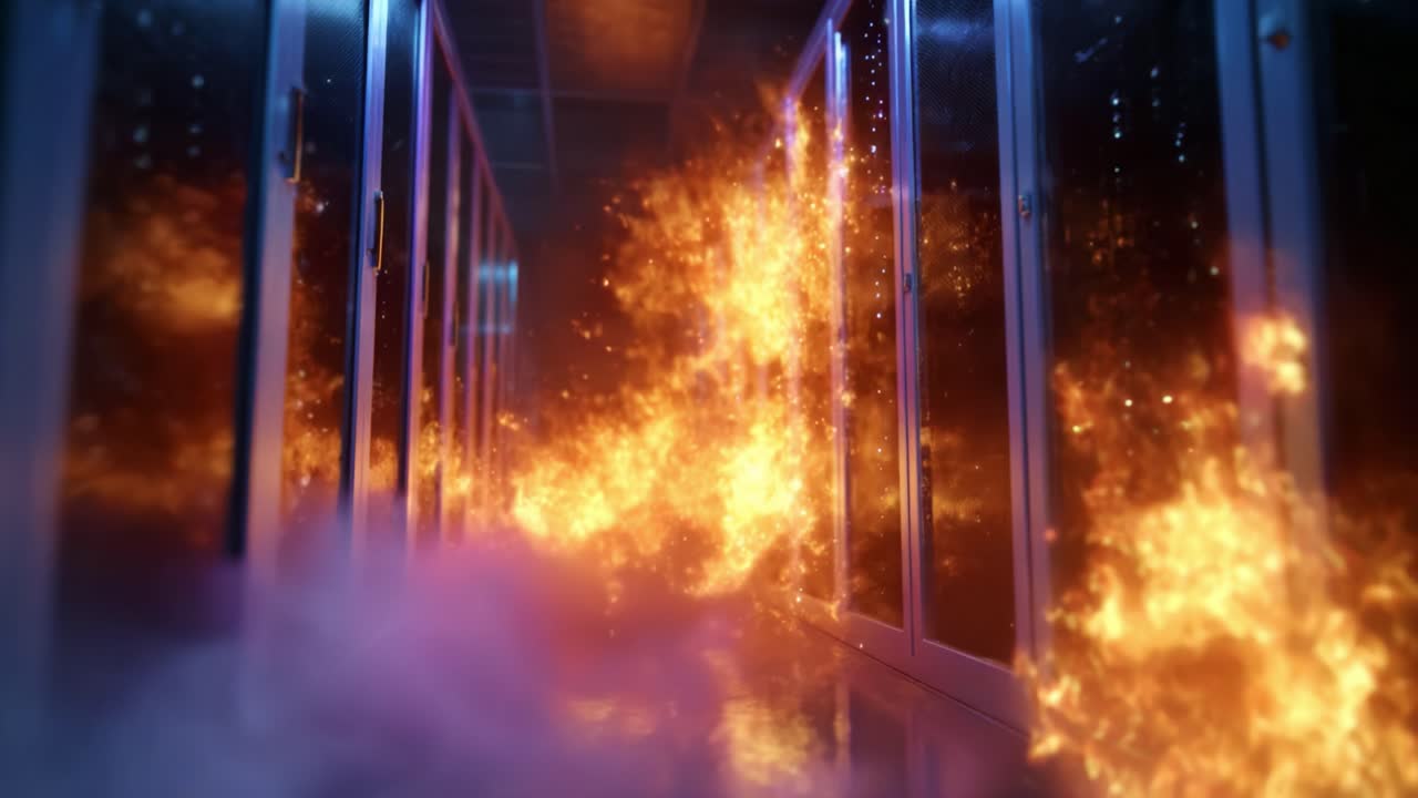 Chamas intensas envolvendo o corredor de um data center, mostrando uma cena dramática de incêndio com fumaça densa que ameaça a infraestrutura do servidor