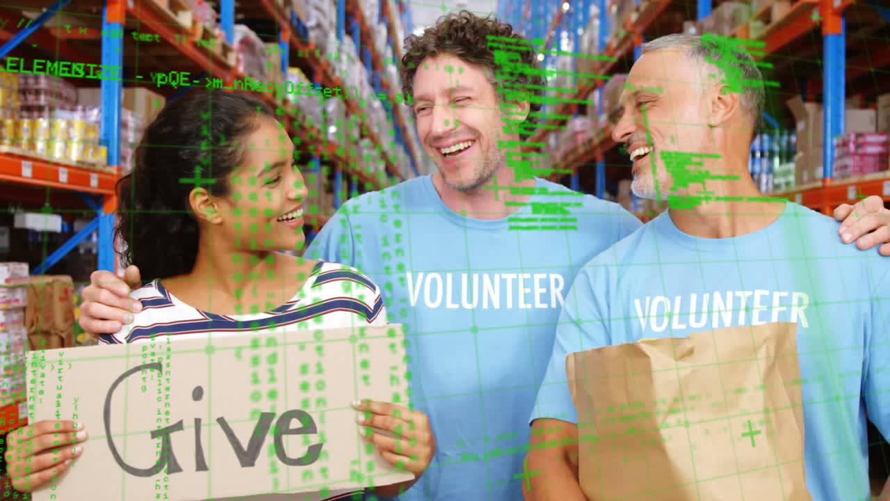 Animation of data processing over diverse people working in warehouse