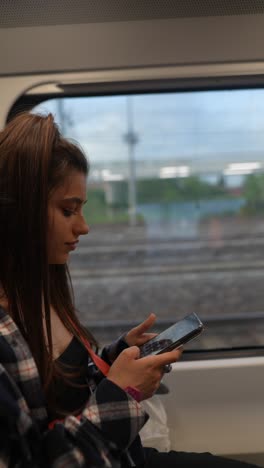 mujer usando el teléfono en el tren