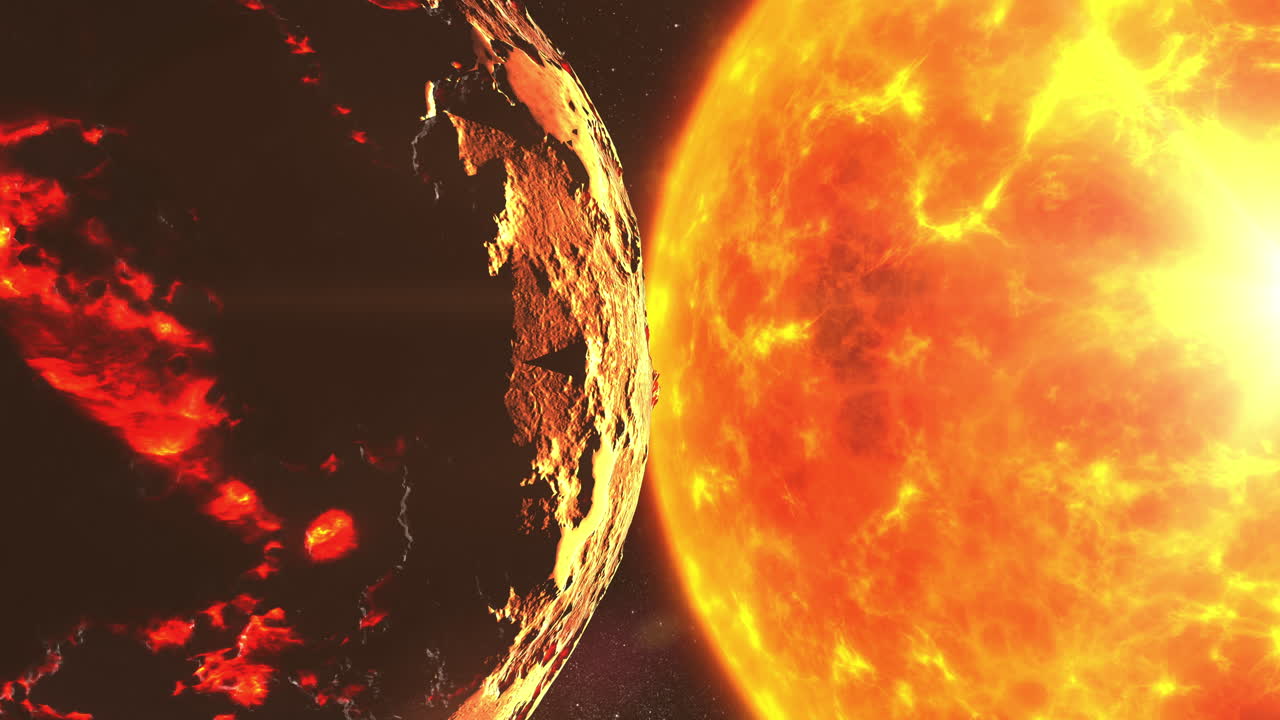 A fiery planet and a sun in space