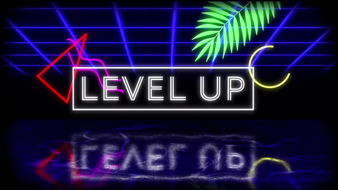 animación pantalla de videojuegos antiguos con palabras parpadeantes nivel arriba escrito