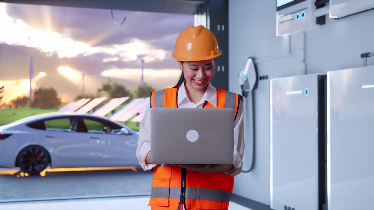 Asian Female Engineer With Safety Helmet Working On A Laptop With Home Energy Storage System In a Modern Garage