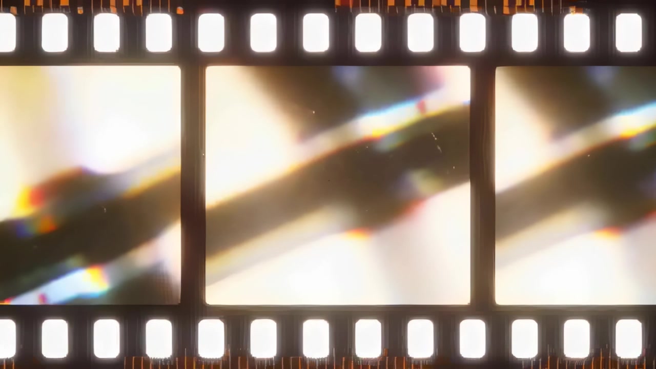 黒い背景でフィルムストリップが再生され、コマが進むにつれてスプロケットホールが現れ、ビンテージ感を醸し出している。