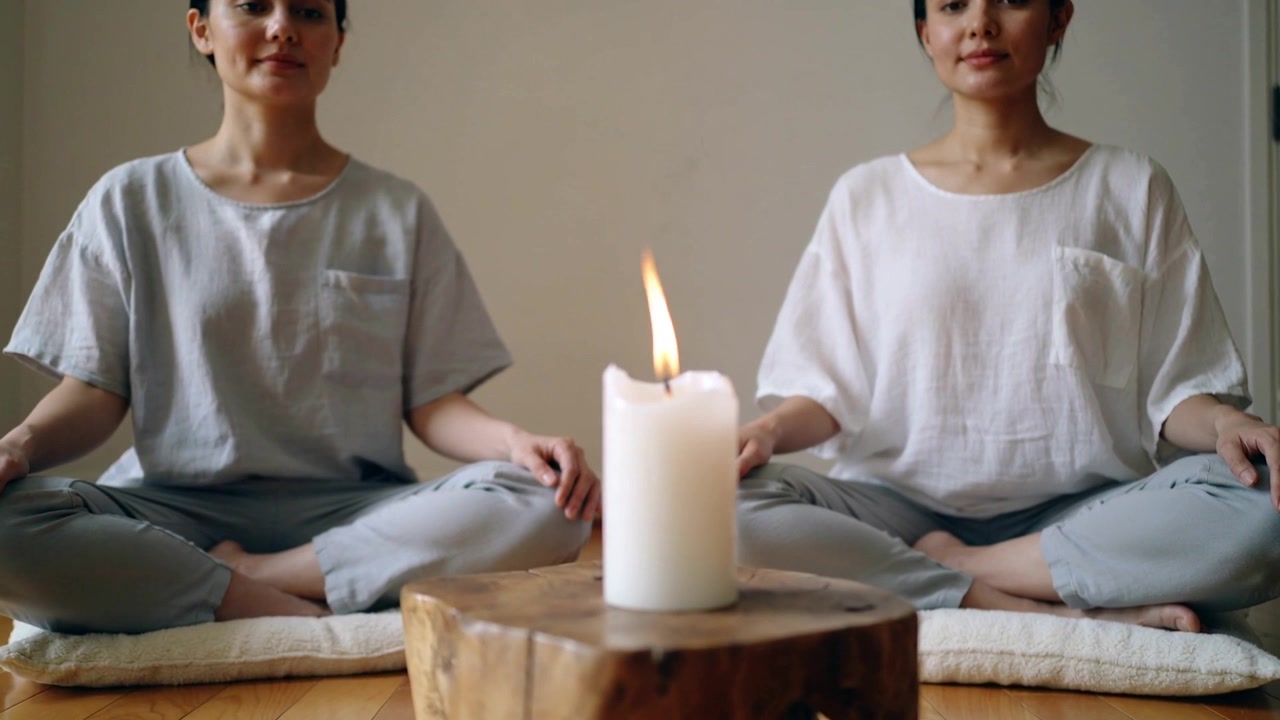 Due donne che respirano e meditano su cuscini a casa, una candela a colonna accesa segnala una sessione per la calma.