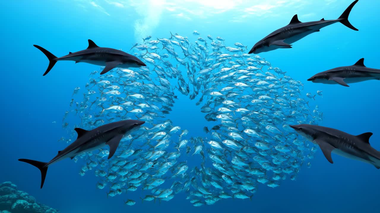 Sharks Hunting a School of Fish