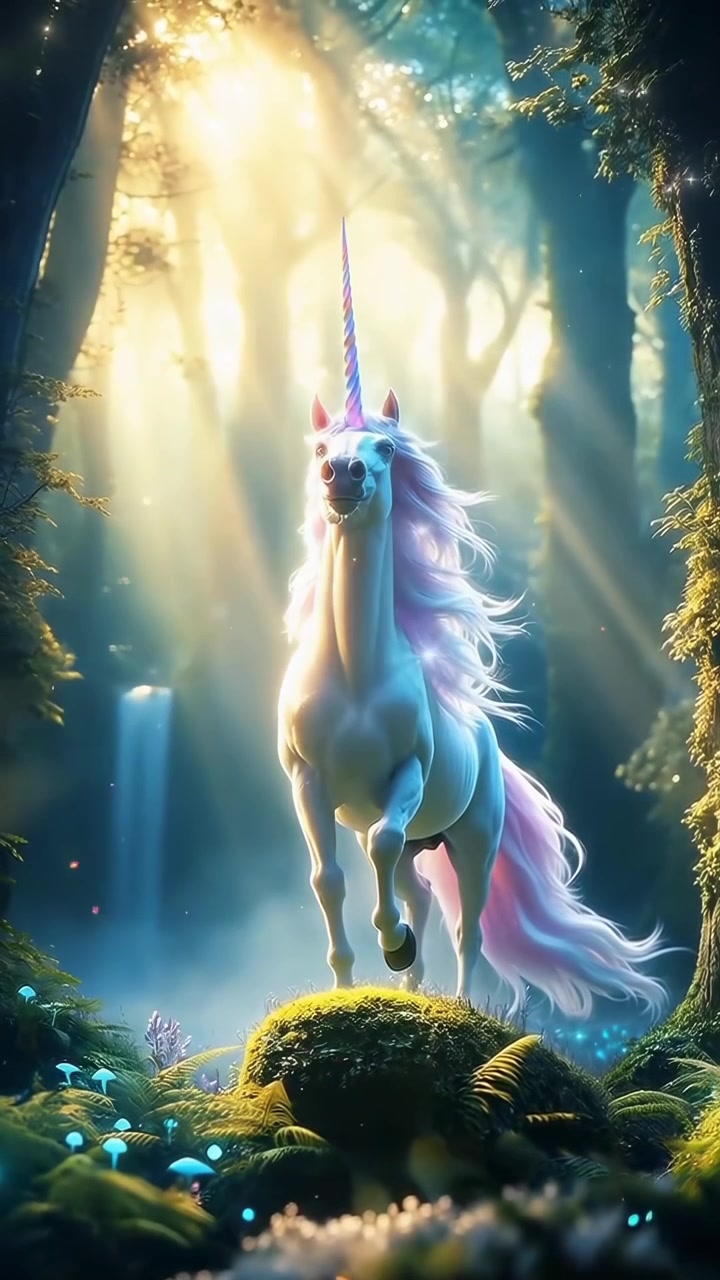 Maestoso unicorno in una foresta magica con raggi di sole e una cascata
