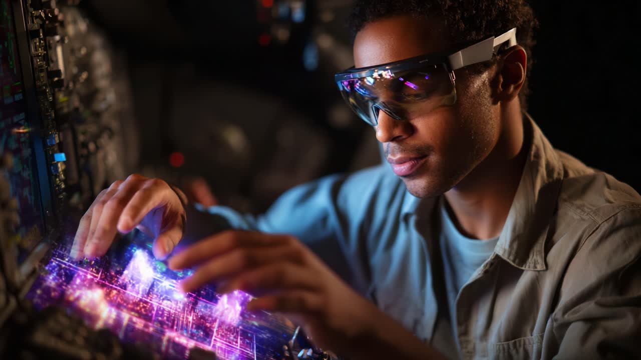 Innovativ teknologi møder kreativitet, mens en fokuseret person med augmented reality-briller arbejder på en futuristisk digital brugerflade og designer fascinerende visuelle elementer.