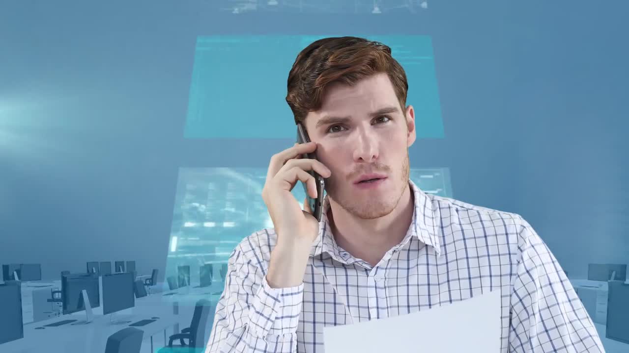 Animation of businessman speaking on smartphone over data processing on screens over empty office
