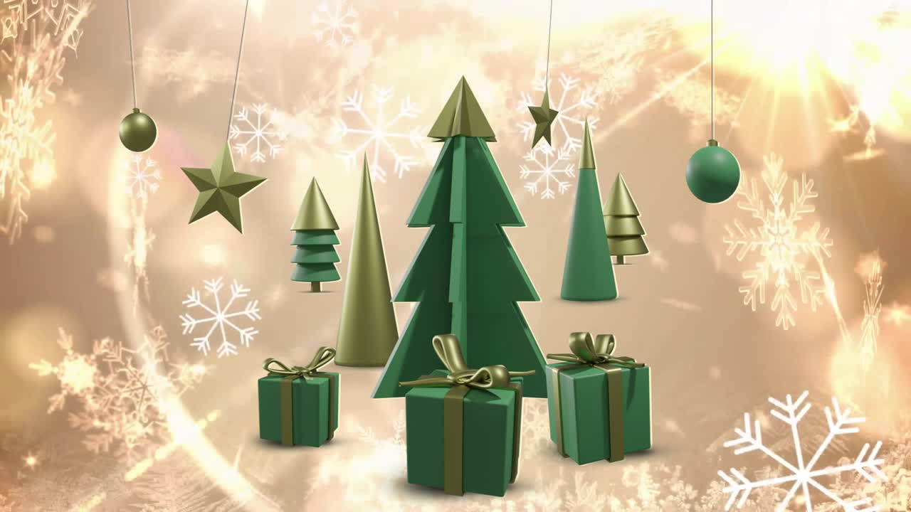 Christmas trees and gifts with snowflakes animation over festive background