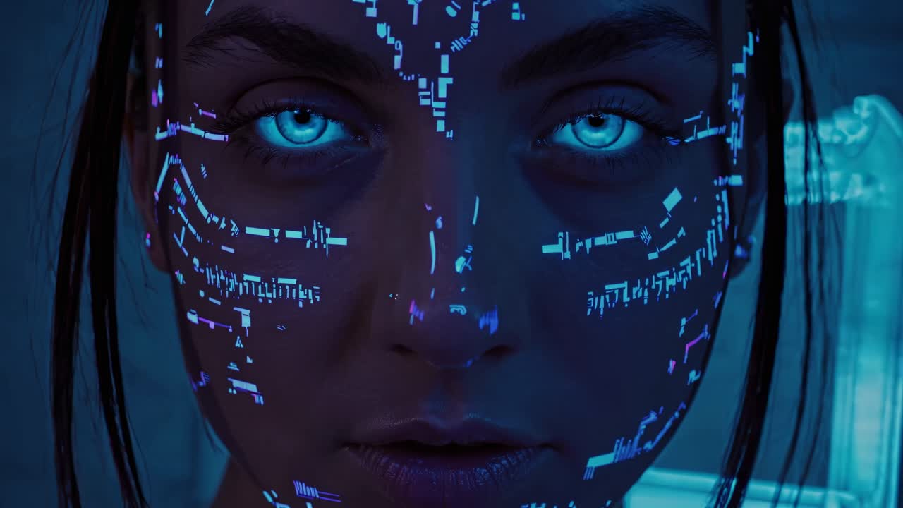 cara de mujer cyberpunk con realidad aumentada